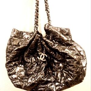 CHANEL CC coco cabas Chain Shoulder Bag Leather Nylon Silver Rare 230718T